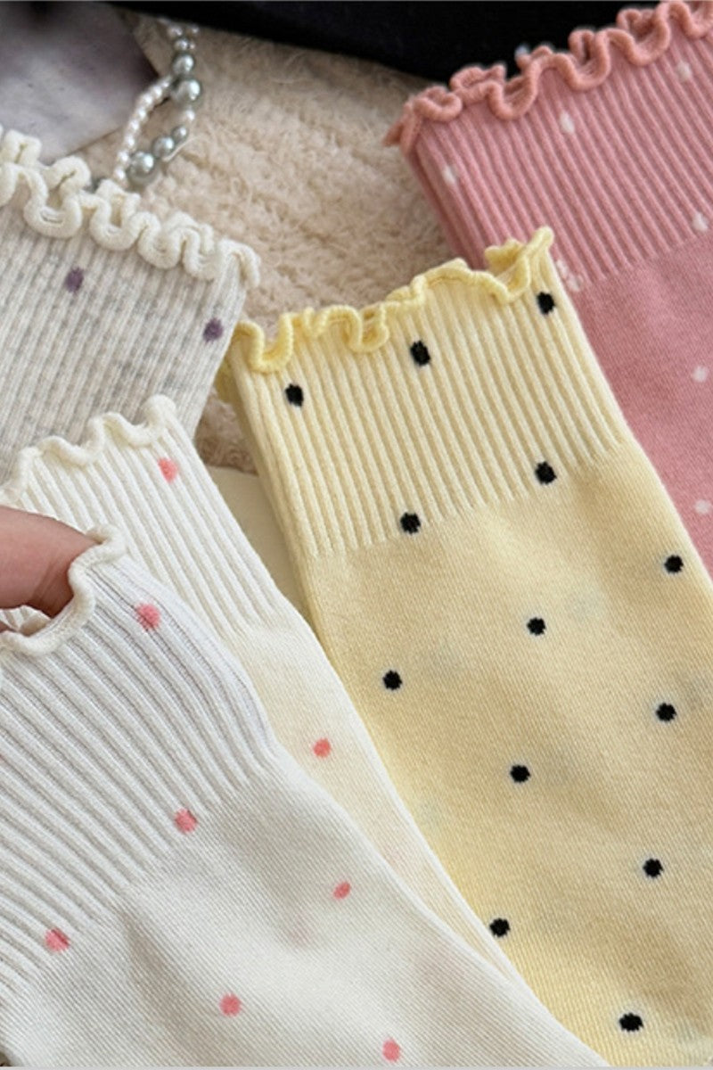 RUFFLE TRIM POLKA DOT KNIT SLOUCHY SOCKS