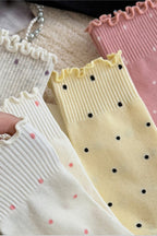 RUFFLE TRIM POLKA DOT KNIT SLOUCHY SOCKS