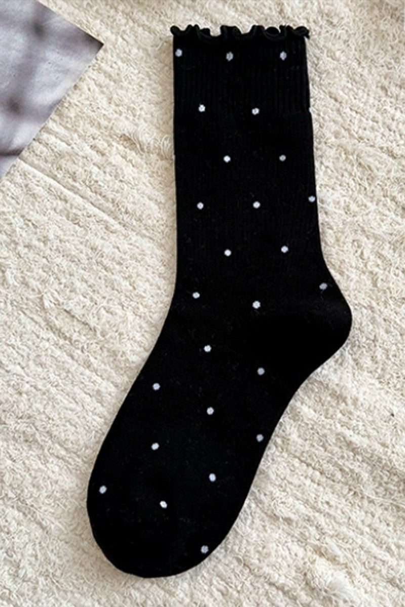 RUFFLE TRIM POLKA DOT KNIT SLOUCHY SOCKS